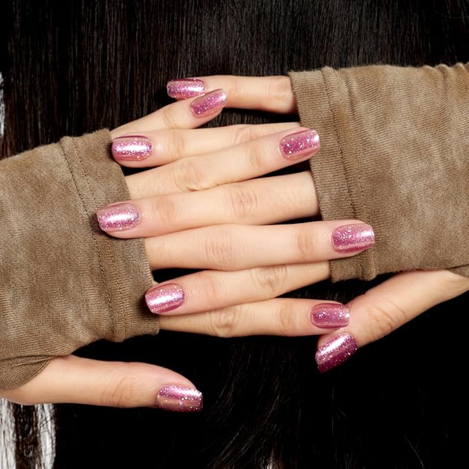 GLAMERMAID Glitter Pink Press On Nails Extra Short Square, Handmade Jelly Soft Gel Nails Fake Nails kit, Glossy Nails Manicure Kits Stick Glue on False Nail for Women Galaxy Star Design