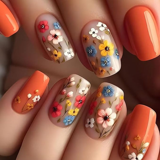 Medium Press on Nails Square Fake Nails with Colorful Floral Designs Orange Nails Press ons Glossy Glue on Nails Spring Acrylic Nails Full Cover Flase Nails Summer Stick on Nails for Women 24Pcs