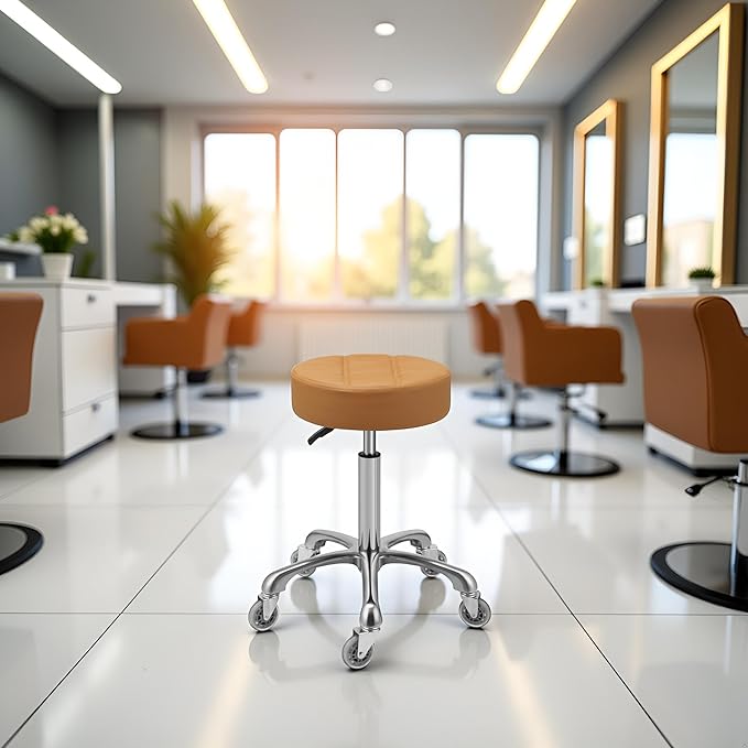 Kaleurrier Adjustable Rolling Stool for Salon: Heavy Duty Swivel Chair with Wheels for Hairdresser Esthetician Lash Tech - Spa Home Office Kitchen Dental Tattoo Shop Use - Seat Height 22”-30” - Camel