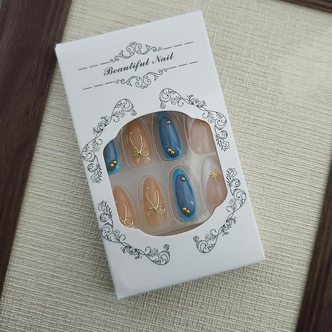 24Pcs Almond Press on Nails Medium Fake Nails with Gold Bow Designs French Tip False Nails 3D Bows Star Charms Blue Glue on Nails Full Cover Artificial Nail for Women Manicure Decoration