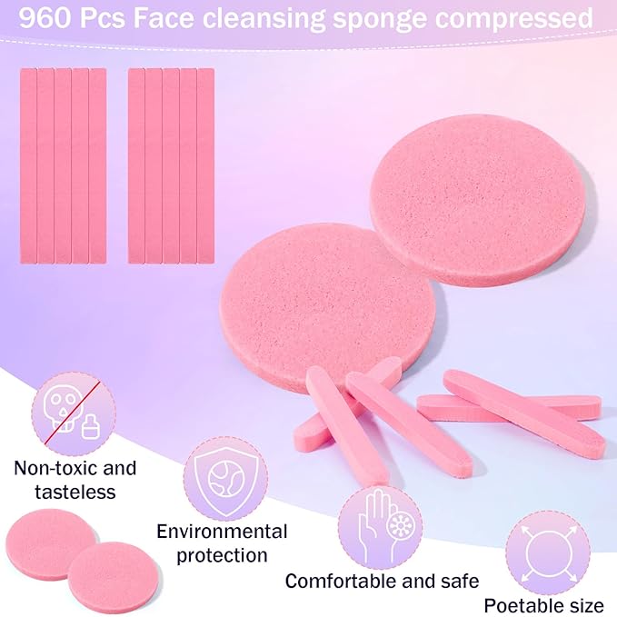 Mifoci 960 Pieces Pink Compressed Facial Sponges for Estheticians, Makeup Removal Sponge Pads for Women Spa Exfoliating Face
