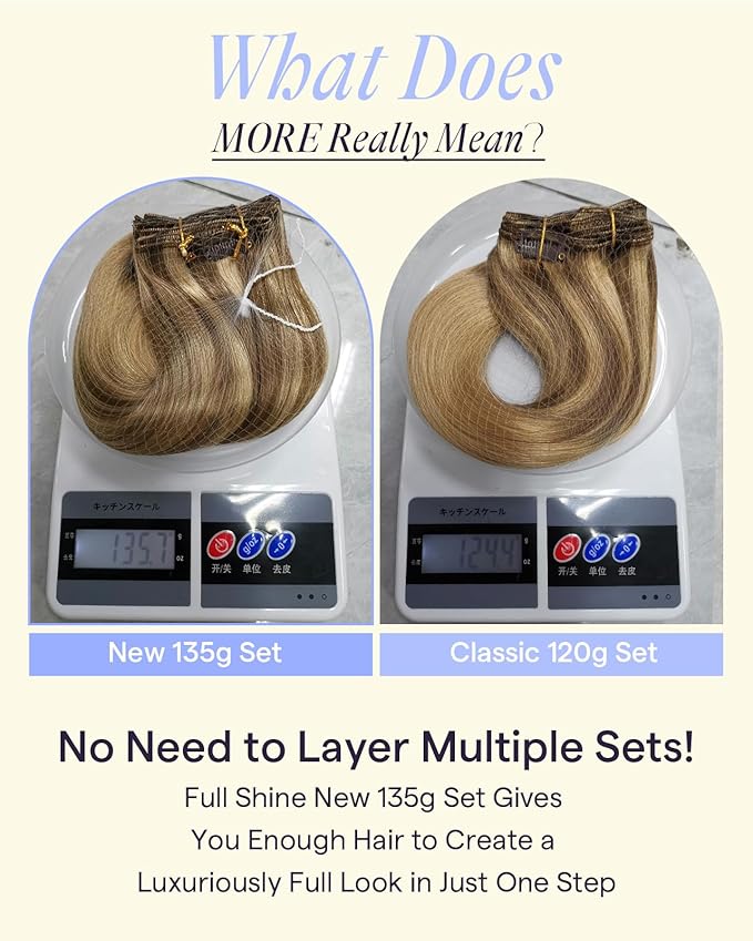 Full Shine Invisible Clip in Hair Extensions Human Hair 135 G Caramel Latte Rooted Highlight Blonde Clip in Human Hair Extensions 18 Inch 7 Pcs