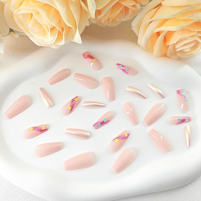 Coffin Press on Nails Medium Fake Nails Light Pink Glue on Nails Butterfly Sequins Glitter Design False Nails Press ons Glossy Full Cover Acrylic Nails Artificial Stick on Nails for Women Girls 24Pcs