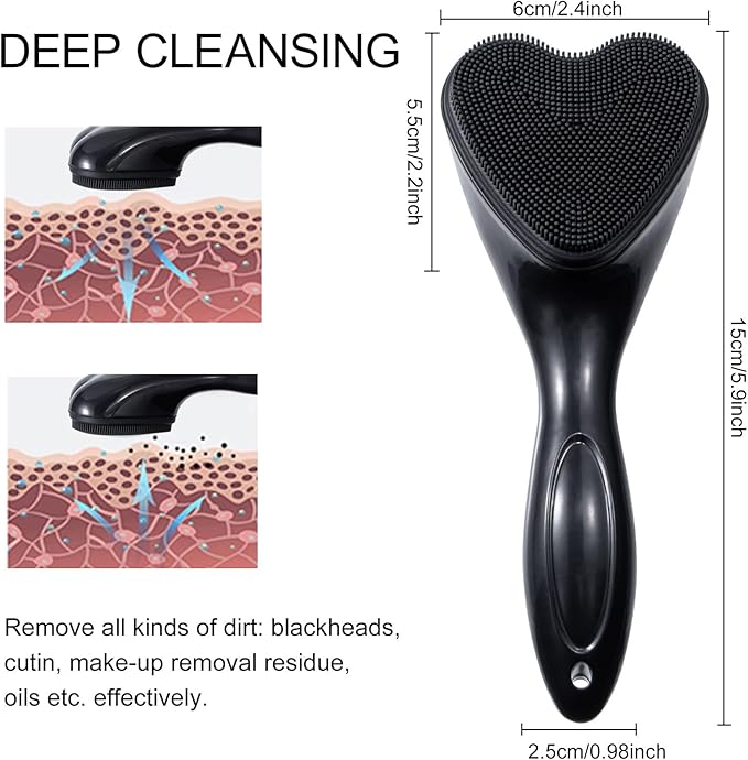 Silicone Face Scrubber Exfoliating Brush, Beomeen 2 Pack Manual Handheld Facial Cleansing Brush Blackhead Scrubber, Soft Bristles Waterproof for Face Skincare (Black,Heart)