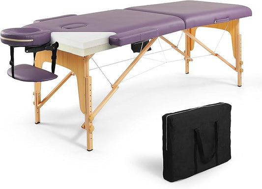 Fencer Wire 84 Inch Premium Memory Foam Massage Table, Foldable Massage Bed, Height Adjustable Spa Bed, Facial Cradle Salon Bed Wooden Legs & Carry Case, Purple, 28 Inch Wide