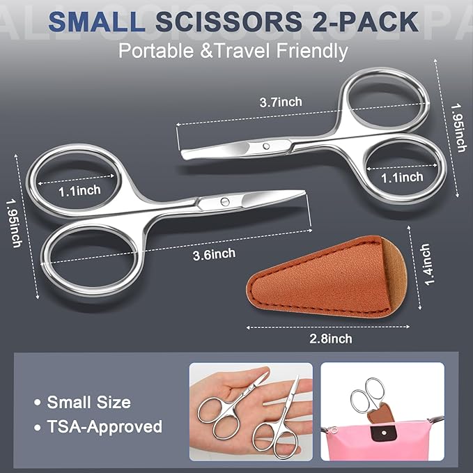 2Pack Small Eyebrow Scissors, Stainless Steel Nose Hair Trimming Scissors with Rounded Tips, Precision Grooming for Beard/Mustache/Facial Hair, Travel Friendly & Safe for Men Women