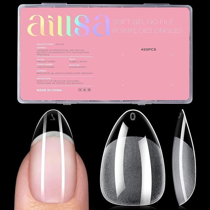 AILLSA Short Almond Nail Tips - Thickened Pre-shaped False Nail Tips Short Almond Shaped Half Matte Nails Tips, Fake Nails Extension 450pcs 15 Sizes with Storage Box