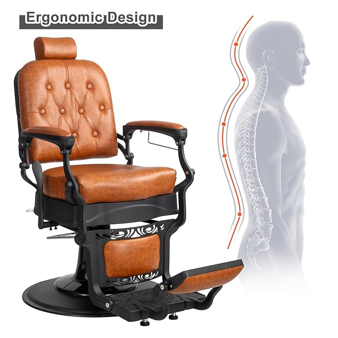 Winado Heavy Duty Vintage Recline Barber Chair Hydraulic with Headrest, Supports up to 700lbs & 360° Rotatable, Professional Salon Beauty Spa Shampoo Equipment (Brown - Square Backrest)