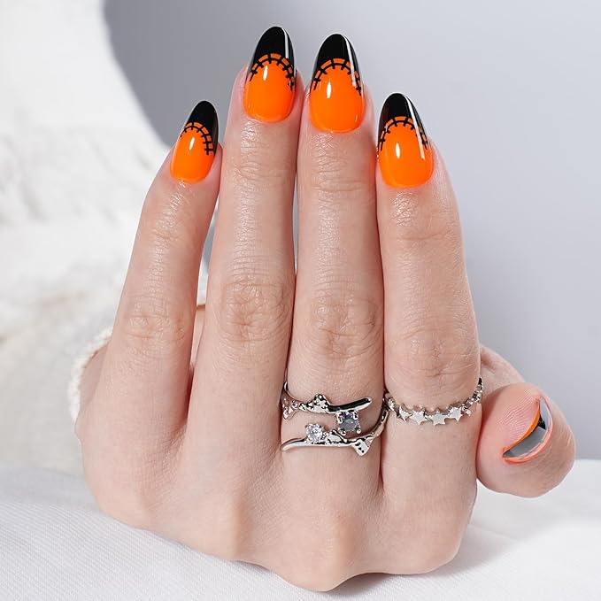 French Tip Press on Nails, Short Press on Nails Almond Reusable Glossy Soft Gel False Nails Orange Press ons for Women, 16 Sizes 32 Count Nails Kit with Glue (SV-09)