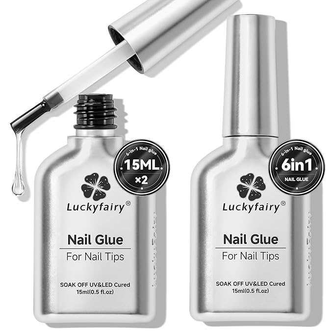 6 in 1 Gel Nail Glue Kit: Super Strong Nail Glue Gel 2Pcs 15ml for Press On Nails Clear Acrylic Nail Tips Long Lasting Art Gift Salon at Home U V Lamp Needed