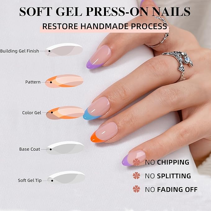 French Tip Press on Nails, Short Press on Nails Almond Reusable Glossy Soft Gel False Nails Press ons for Women, 16 Sizes 32 Count Nails Kit with Glue (SV-01)
