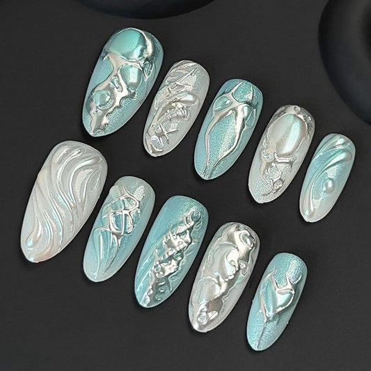 30Pcs Blue Press on Nails Medium Almond Y2k Fake Nails Silver Bow Heart with Glitter Design Full Cover Chrome Press Ons Punk Stick on Nails Gothic False Nails for Women Acrylic Nail Decorations DIY