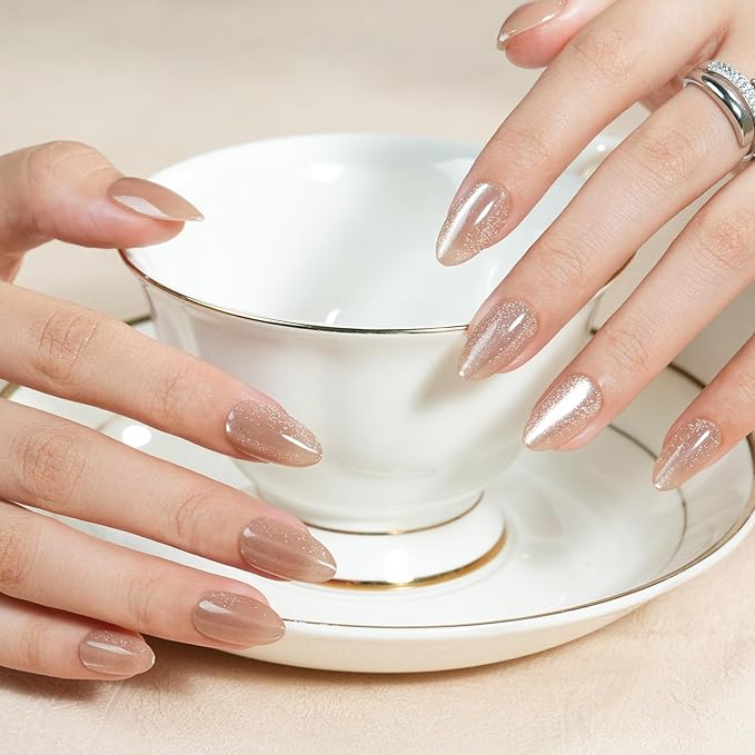 Cat Eye Press On Nails- Jofay Fashion Press On Nails Christmas Almond for Gifts, Nude Short Stick On Nails with Glue, Glossy Reusable Nail Tips in 16 Sizes - 32 Soft Gel Fake Nails Kit, Nude Cat Eye