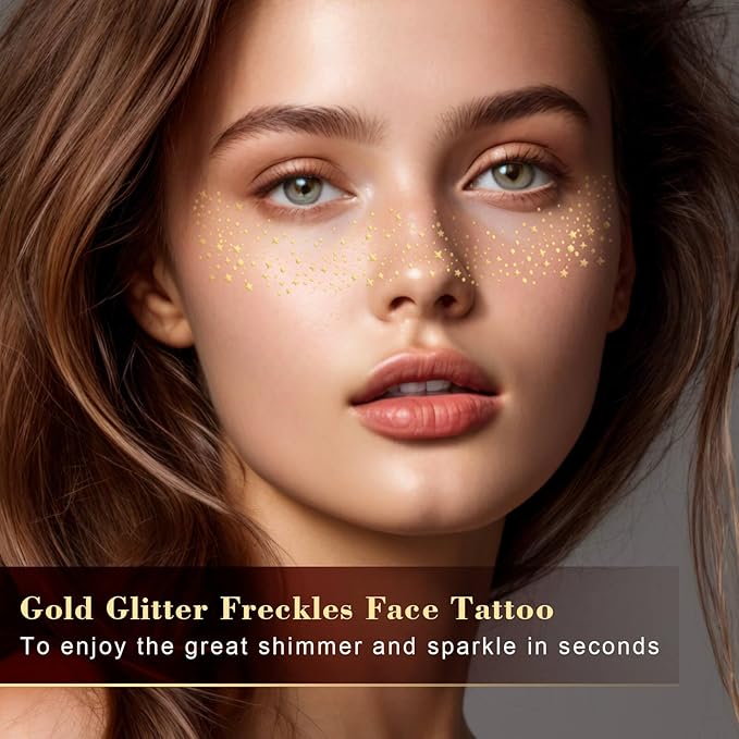 MEICOLY Silver and Gold Face Glitter,Glitter Freckles Face Tattoo for Women Kid,Gold Freckles,Silver Glitter Freckles,Sparkle Makeup Patches,Sparkle Freckles Speckles Patches,6 Count,3 Gold+3 Silver