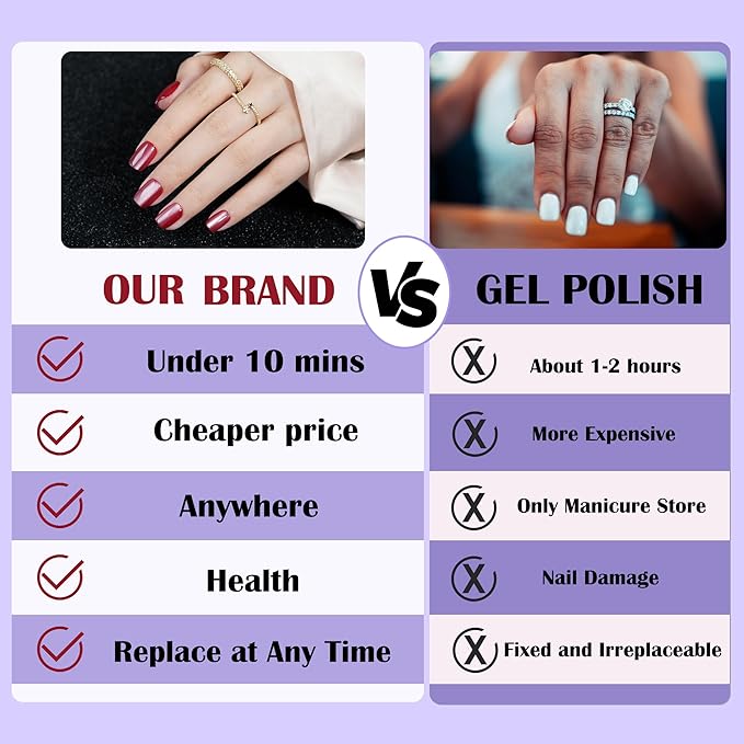 Cat Eye Press On Nails Short - Valentines Press On Nails Red, Square Glue On Nails with Nail Glue, Stick On Nails in 16 Sizes - 32PCS Soft Gel Fake Nails Kit, Mulled Wine