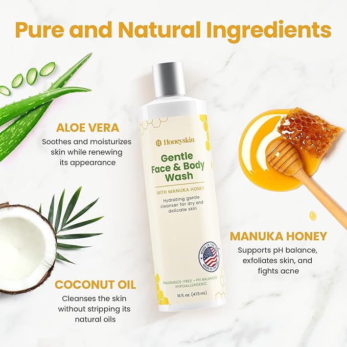 Face and Body Wash for Women and Men - Acne Body Wash Moisturizing for Sensitive Skin - Hydrating Facial Cleanser - Gentle Exfoliating Wash - with Manuka Honey (16oz)