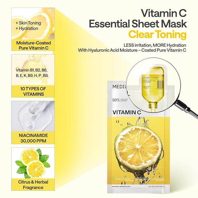 Mediheal Vitamin C Essential Sheet Mask Clear Toning 10 pcs. 99% Pure Vitamin C & 10 Vita Actives for hydration, blemish. Vegan formula
