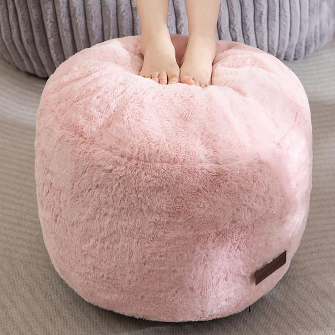 HIGOGOGO Pouf Stuffed Ottoman Round Modern Foam Filled Foot Rest Chair Decorative Poufs 20 x 15 Inches Fluffy Boho Comfy Stool for Living Room, Pink