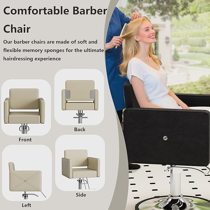 Barber Chairs for Hair Stylist, Height Adjustable Hydraulic Hair Reclining Salon Chair, 360 Degrees Rotation, Multi-Function Shampoo Chair for Salon Home Barbershop, Black (Beige-Sliver)
