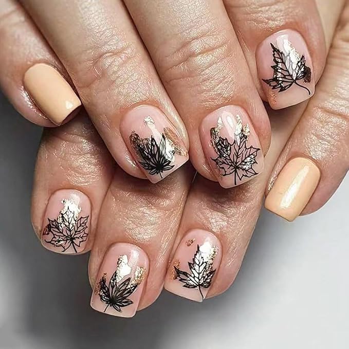 24Pcs Fall Press on Nails Short Square Fake Nails Black Hollow Maple Leaf Acrylic Nail Tip Glitter Full Cover Maple Leaves Thanksgiving Stick on Nail Autumn Winter Nails Press ons for Women Manicure