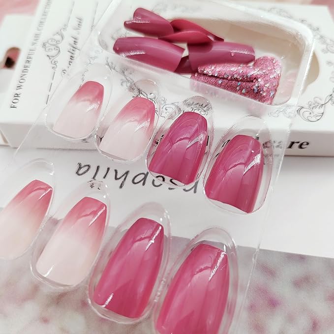 Press on Nails Short Coffin, Purple & Pink Purple Gradient Full Cover Fake Nails Acrylic False Nails with Glitter Sequins Designs Artificial Glue on Nails for Women 24 Pcs