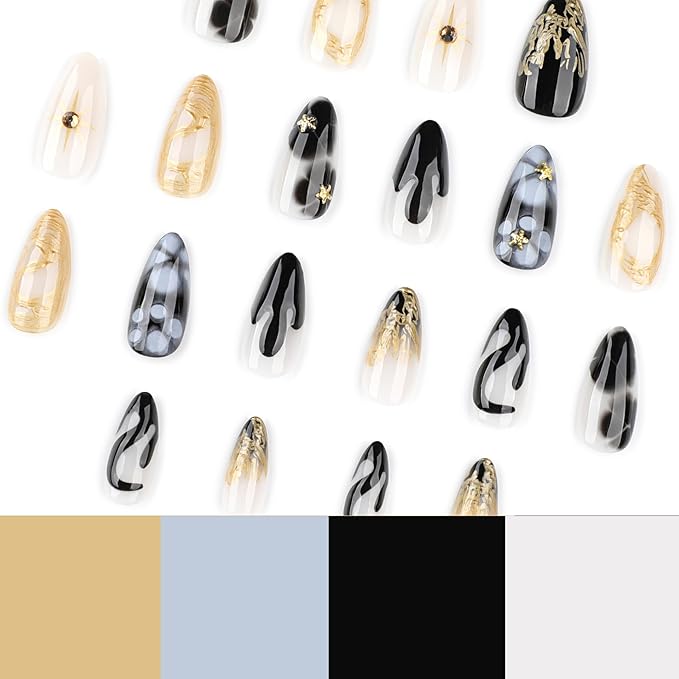 Medium Length Almond Press On Nails, 3D Gold French Tip & Stars Design, Coffin Shape Full Cover False Nails, Reusable Acrylic Glue On Nails for Women, DIY Manicure Kit