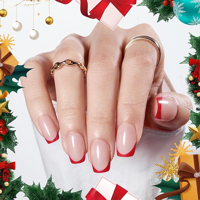 Modelones Christmas French Tip Press on Nails Short, Light Pink Square Fake Nails, Reusable Nail Kit with Nail Glue Adhesive Tabs Mini Nail File, Nails Press Ons 32Pcs 16Sizes, Red