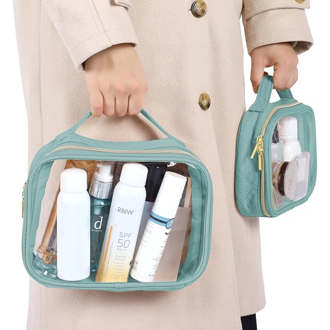 PACKISM TSA Approved Toiletry Bag, 2 Pack Clear Makeup Bags with Handle Large Opening, Clear Toiletry Bags Fit Carry-on Travel Essential, Travel Bags for Toiletries, Turquoise Green