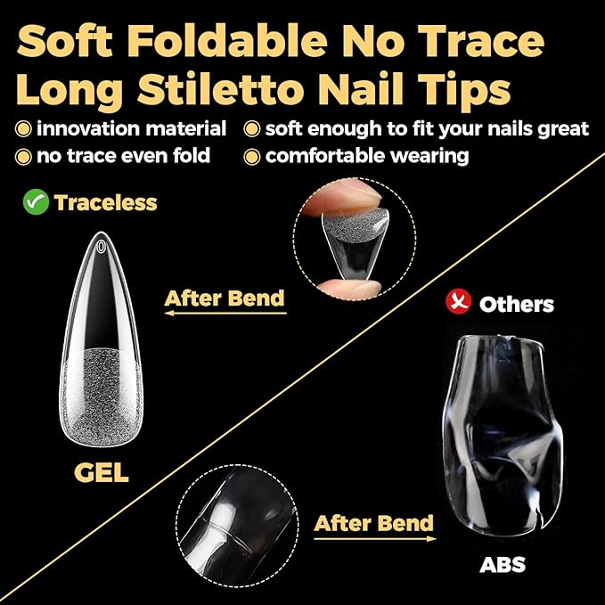 UNA GELLA Long Stiletto Gel Nail Tips, 600Pcs Pre Etched Long Stiletto Almond Nail Tips Clear Fake Nails Press on Nails No C Curve for DIY Christmas Art Salon at Home 12 Sizes