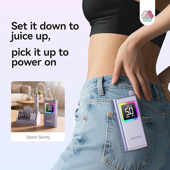 SAVILAND Advanced 50000 RPM Nail Drill Professional: 10S Fast Removal Electric Nail File Portable Nail Filer Electric with Rechargeable Electric Nail Drill Bits Pro Acrylic Nail Manicure Nail Tools