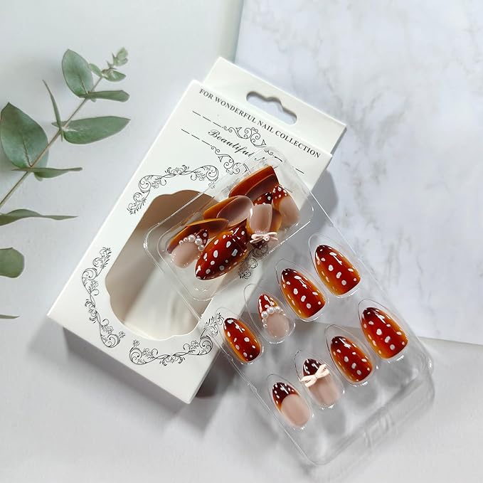 Fall Brown Press on Nails Short Almond French Tip Fake Nails with Cute Polka Dots Design Pink Bow Acrylic False Nails Pearl Stick on Fingernails Glossy Artificial Glue on Nail for Women 24Pcs