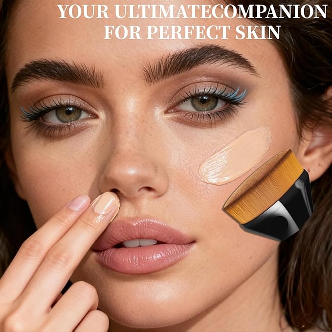 ss 4-Piece Flat Top Kabuki Brush Set - Hexagonal Face Powder Brush & Blush Red Liquid Foundation Brush with Black Protective Covers