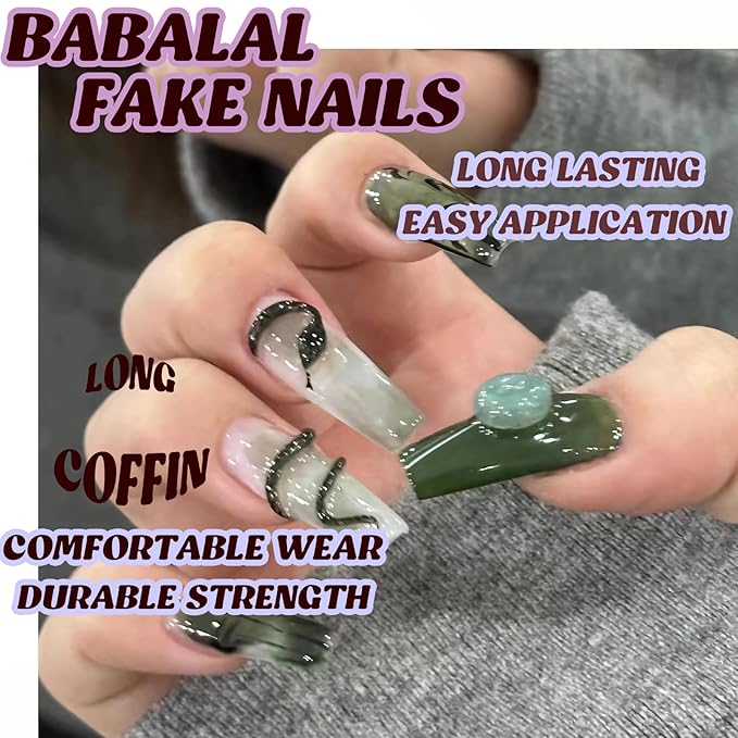 BABALAL Long Coffin Press on False Nails Dark Green Fake Nails Bamboo Glue ons Nail 3d Snake Goth Design Acrylic Nails 24Pcs Ballerina Suppplies Art