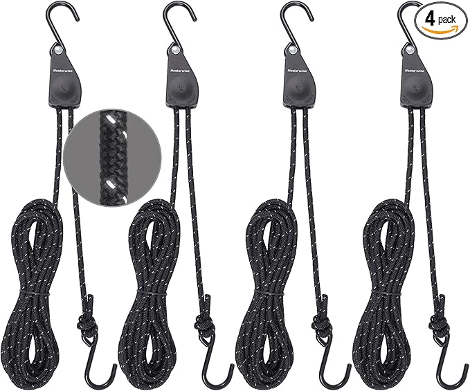 1/4" x12' Kayak Tie Down Straps with Reflective Stripe, Boat Trailer Straps Canoe Bow and Stern Rope Hanger Kayak and Canoe Accessories (Black, 4PCS)