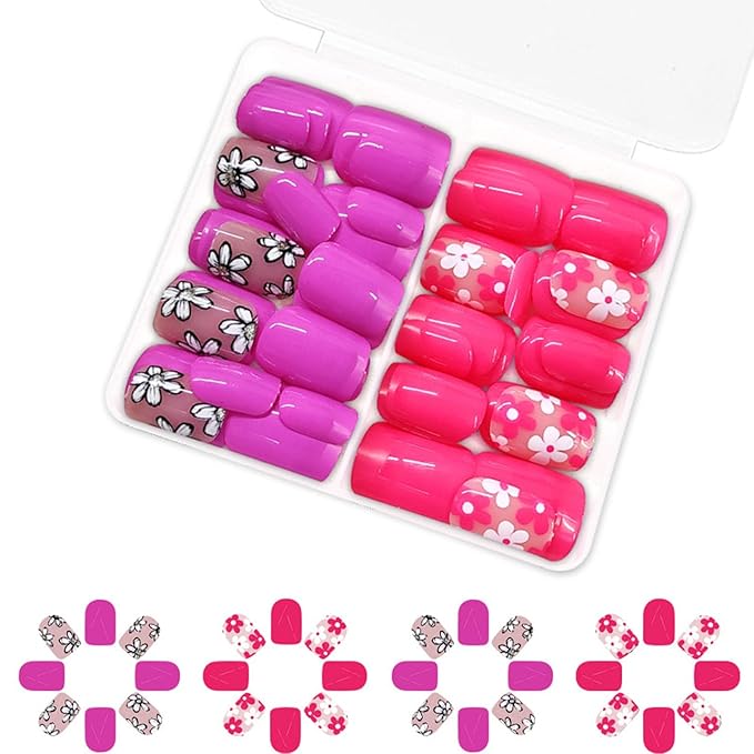 48Pcs Flower Press on Nails Kit - Short Square Fake Nails with Cute Multi-Color Floral Designs Glossy Solid Color False Nails Spring Press ons Flower Stick on Nails Summer Decor for Women Daily Wear