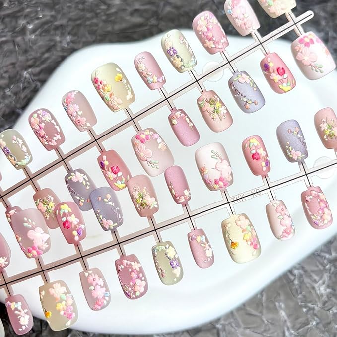 Fall Flower Press on Nails Short Fake Nails with 3D Floral Designs Matte Embossed Flowers False Nails Artificial Acrylic Nail Press ons Reusable Summer Stick on Nails for Women DIY Manicure,30pcs