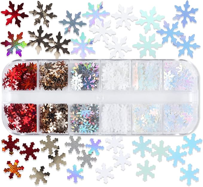 12 Grids 3D Snowflake Nail Glitter Sequins Snowflake Nail Art Stickers Decals Holographic Laser Christmas Nail Glitter Flakes Xmas Winter Snowflake Glitter for Nails Accessories Snow Nail Art Glitters