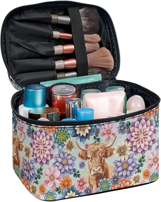 Boho Mandala Highland Cattle Pattern Travel Makeup Bags for Women Portable Tote Cosmetic Case with Carry Handle Toiletry Accessories Storage Organizer Bags