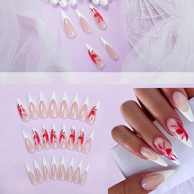 IMRAIN Long Stiletto Press on Nails White French Tips Fake Nails with Red Flower Designs Full Cover Glossy Artificial Gel False Nails for Women 24Pcs