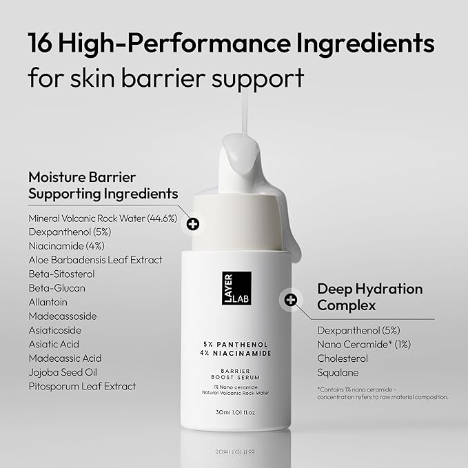 LAYERLAB Barrier Boost Serum with 5% Panthenol 4% Niacinamide, Soothing Korean Skincare for Sensitive Skin with Nano Ceramide Volcanic Water to Support Moisture Barrier Deep Hydration 30ml 1.01 fl.oz.