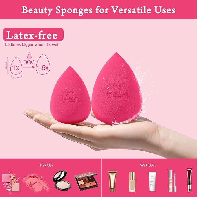 Real Perfection Makeup Sponge Set Blender Sponges, Latex-Free Beauty Makeup Sponges 7 pcs with 1 Travel Container Case for Blending Foundation Liquid Cream and Powder (Rose Red)
