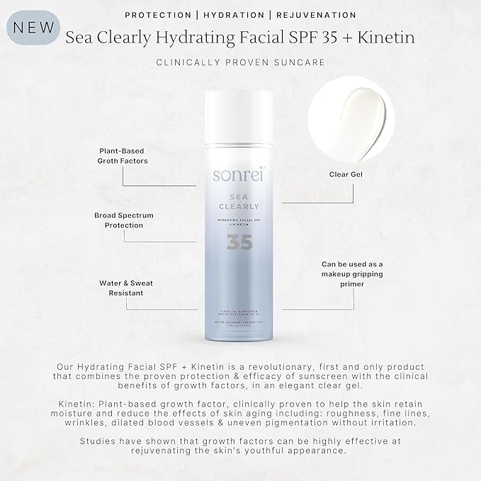 Sonrei Sea Clearly Hydrating Facial SPF 35 + Anti-aging Growth Factor Clear Sunscreen Gel & Primer | Broad Spectrum UV Protection | Water Resistant | Non-greasy - 1.7 Fl oz. (2-Pack)