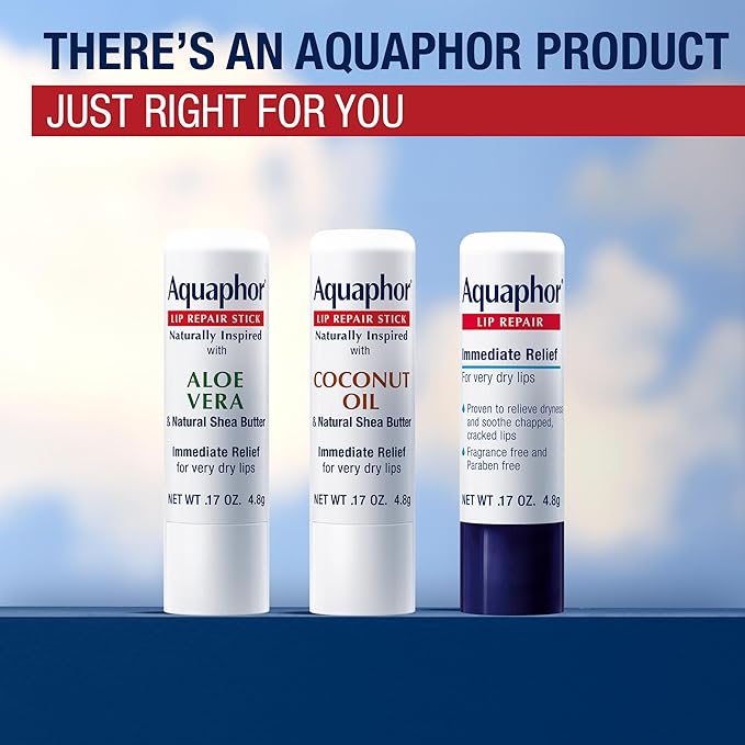 Aquaphor Naturally Inspired Lip Repair Stick with Aloe Vera and Natural Shea Butter, Hydrating Lip Balm Stick Immediately Relieves Dryness and Soothes Chapped Lips, 0.17 Oz Stick, Pack of 3