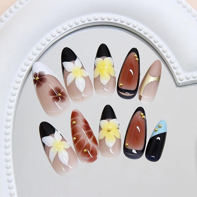 Fall French Tip Press on Nails Medium Almond False Nails with Gold 3D Design Full Cover Glue on Nail Reusable Colorful Flowers Acrylic Fake Nails Glossy Artificial Stick on Nail for Women