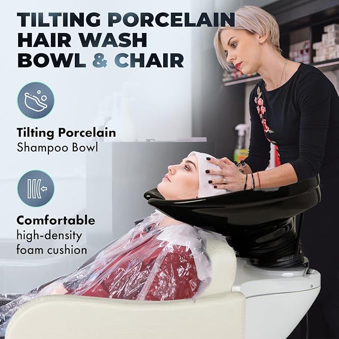 Buy-Rite Lexus Backwash Unit – White Zebra Vinyl Chair, Tilting Black Porcelain Bowl, Kick-Out Legrest, Extra Wide Seat, European Faucet, Salon Shampoo Station – TS-8018B