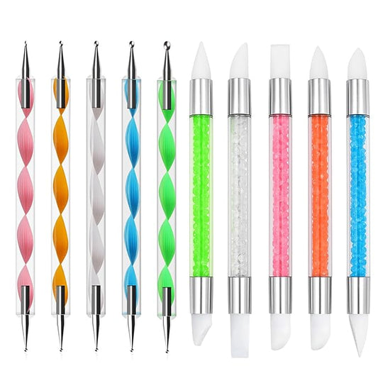 5Pcs Dual-Tipped Silicone Nail Art Pens, 5Pcs 2-Way Dotting Tools for Resin, Foil, Carving, Drawing & Shaping - Professional Nail Design Kit for Home & Salon