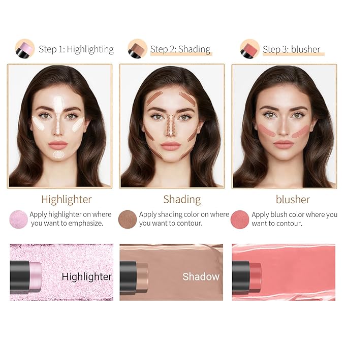 3-in-1 Cream Contour Stick with Highlighter, Bronzer, Illuminator & Blush, Face Contour Stick Makeup with Brush & Sponge, Long Lasting