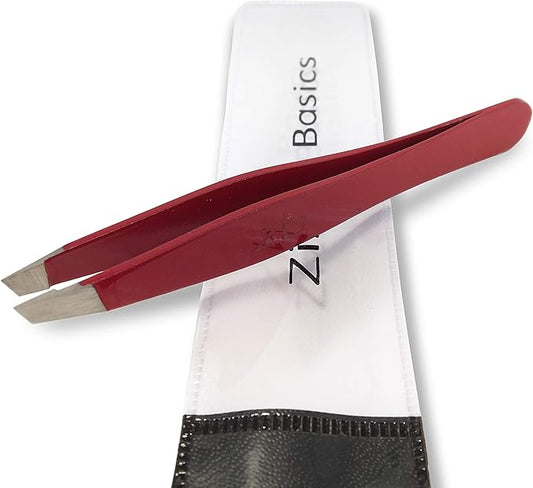 Tweezers – Surgical Grade Stainless Steel - Slant Tip for Expert Eyebrow Shaping and Facial Hair Removal – with Protective Pouch - Best Tweezer for Men and Women (Ruby Red)