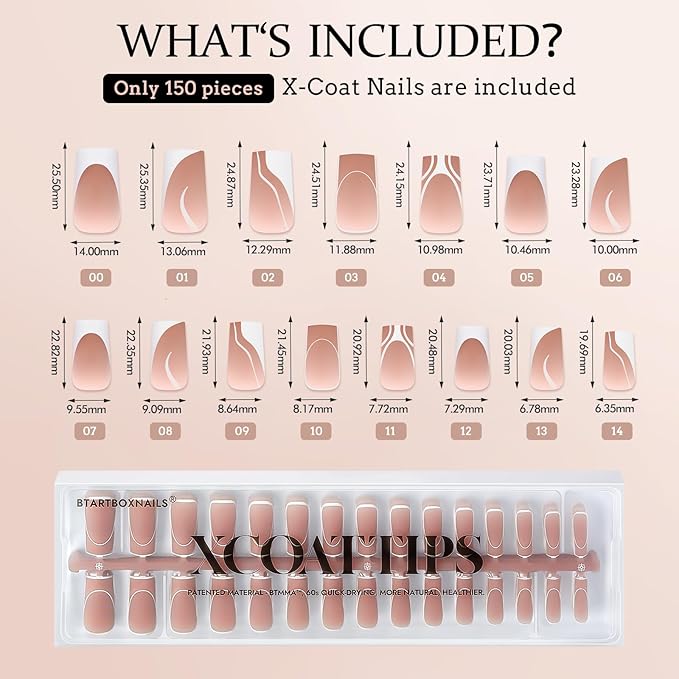 BTArtbox French Tip Press on Nails - 5 Styles XCOATTIPS Short Coffin Nails, Pre-Designed Swirl Soft Gel Nail Tips, Ultra Fit False Nails, Soak Off Acrylic Fake Nails Extensions for Nail Art