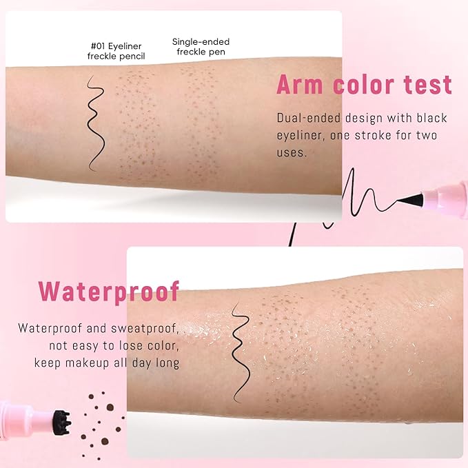 2pcs Freckle Stamp Pen with Eyeliner for Natural Lifelike Faux Freckle 2 in 1 Fake Freckles Stain Marker Pen for Waterproof Long Wear Sunkiss Makeup #Light Brown&Black